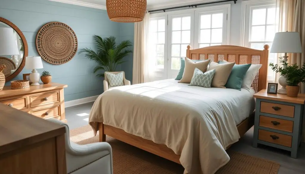 coastal blue bedroom with natural tones