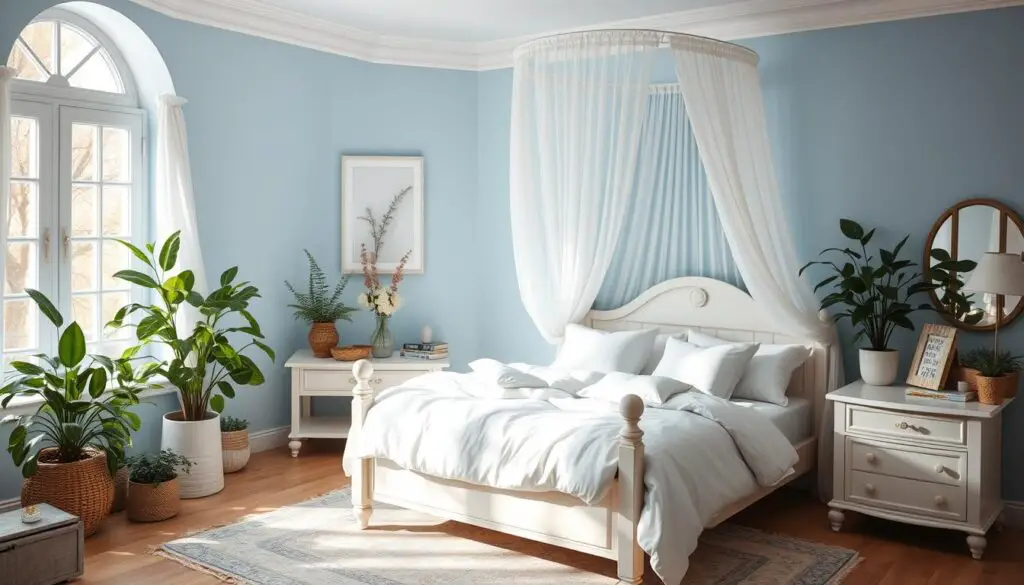 dreamy blue and white bedroom aesthetic